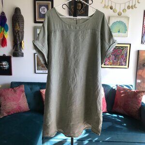 LUNGO L'ARNO size 2X Made in Italy Green Linen Shift Dress Artsy Lagenlook